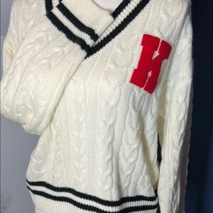 White Cable Knit Sweater with Red Accent